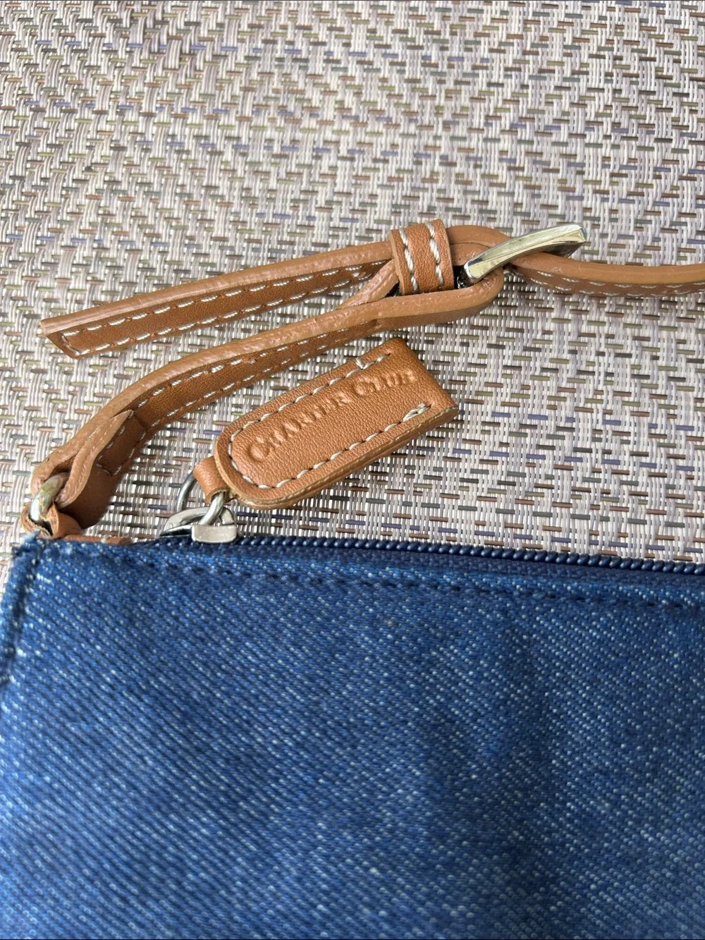 Charter Club Navy Denim mini bag with Blue Floral Embroidery and Tan Strap.